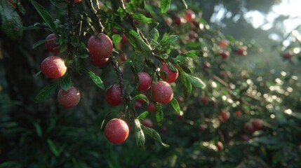 Obraz premium Ripe, reddish fruit clusters hang heavily from leafy branches in a sun-dappled forest setting.