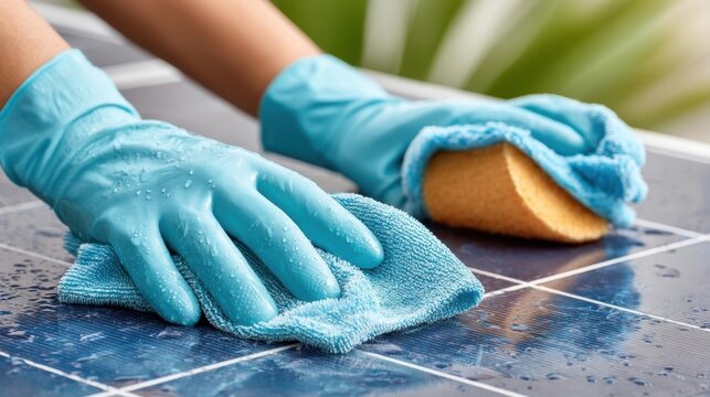 Hands in blue gloves gently clean solar panel with microfiber cloth and sponge, ensuring spotless surface. focus is on maintaining panel efficiency and cleanliness