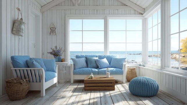 Bright sunroom interior features white wooden walls and large windows overlooking a calm blue ocean