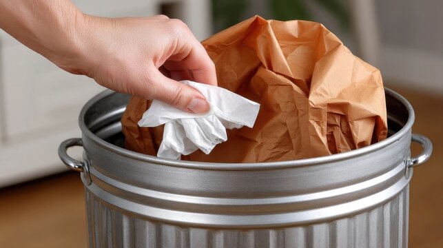 Hand throws crumpled tissue into metal waste bin filled with brown paper bag, emphasizing cleanliness and waste management