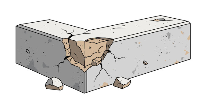 A three-dimensional L-shaped concrete block displays a significant jagged fracture at its corner with scattered debris.