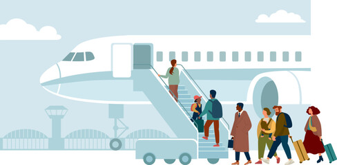 Passengers boarding airplane via stairs with luggage airport scene © Zubada