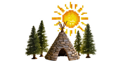 Stone teepee structure surrounded by vibrant green fir trees, pixelated yellow sun above © Maros