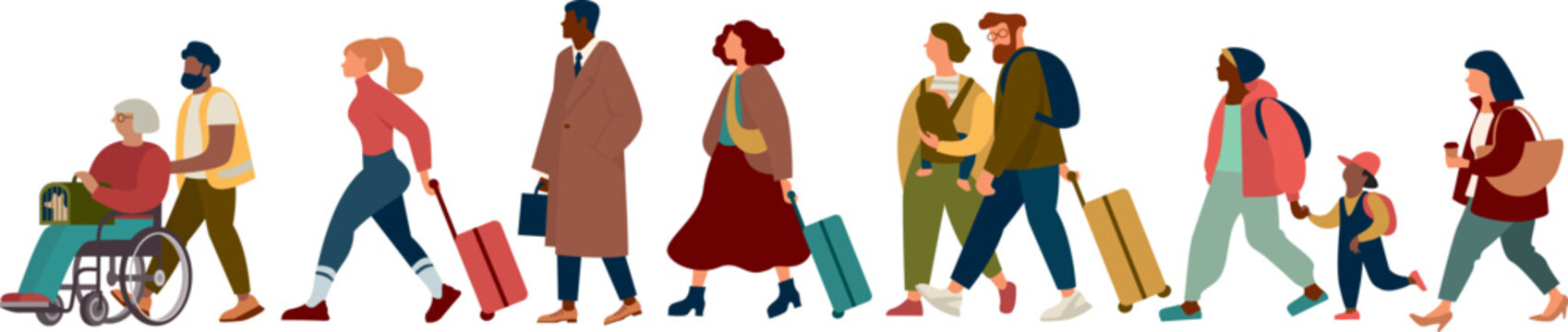 Diverse travelers with luggage set isolated collection of people characters