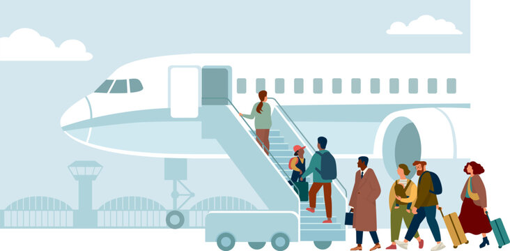 Passengers boarding airplane via stairs with luggage airport scene