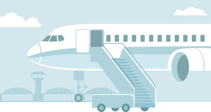 Airplane with boarding stairs and open door ready for passengers airport background