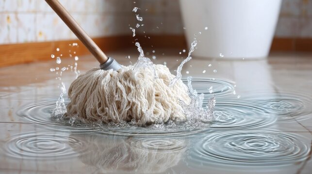 Mop head absorbs water from tile floor, creating ripples and splashes. scene captures dynamic motion of cleaning, with water droplets in mid air