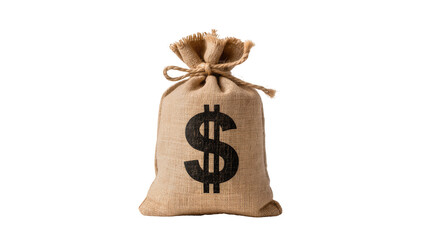Burlap moneybag displaying large black dollar sign, tied with twine © Ines