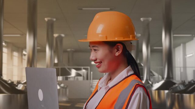 Close Up Side View Of Asian Female Engineer With Safety Helmet Working On A Laptop And Looking Around While Standing at Stainless Steel Brewing Vats in Beer Plant