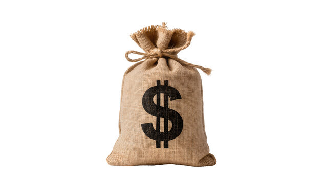 Burlap moneybag displaying large black dollar sign, tied with twine