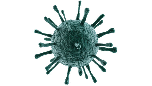 Detailed teal virus sphere displaying numerous green spike projections, microscopic structure
