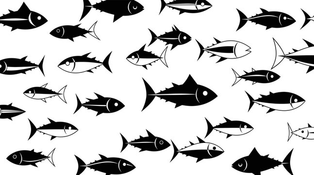 Fish silhouettes swimming scattered across white seamless background, no seamless
