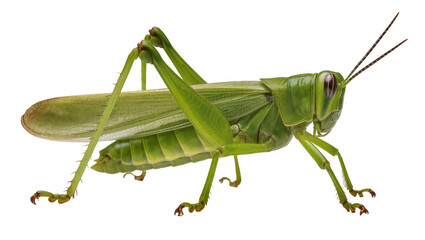 Fototapeta premium Vivid green grasshopper resting, displaying long legs and antennae