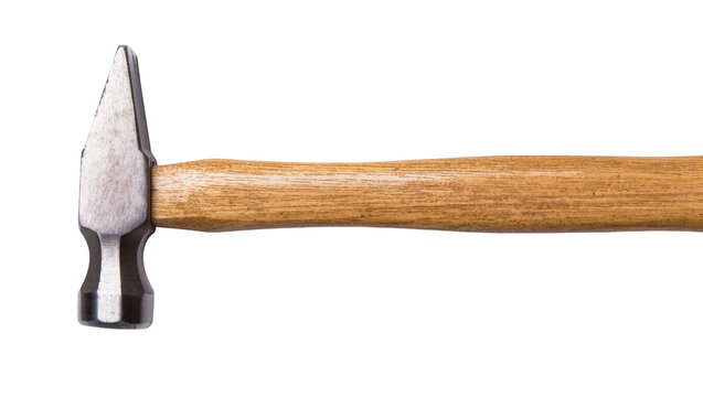 Rustic wooden handled hammer, displaying a weathered gray metal head