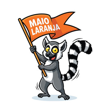 Lemur Mascot Holding Orange Banner with Maio Laranja Text