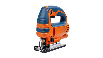 Naklejka premium Orange electric jigsaw with blue handle, featuring a stainless steel blade for cutting wood