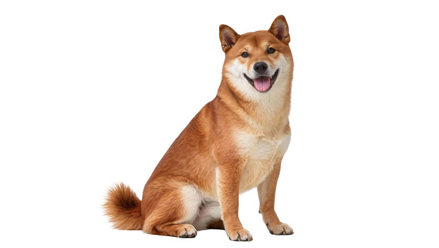 Red Shiba Inu dog sitting attentively, displaying a happy expression