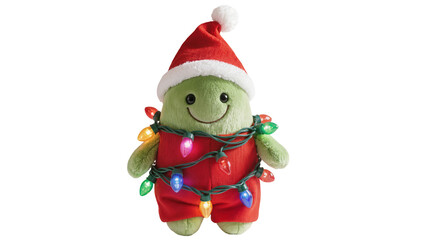 Fototapeta premium Green plush alien wearing Santa hat, wrapped in colorful holiday lights