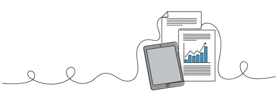 Tablet with documents showing charts and data analysis. no editable stroke