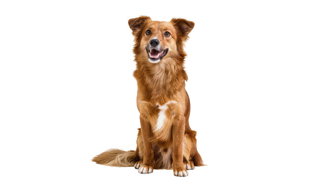 Golden brown mixed breed dog sitting attentively, displaying fluffy fur and a happy expression