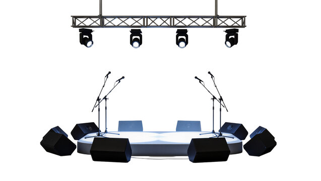 Modern stage setup featuring black speakers microphones, and spotlights suspended from a metal truss