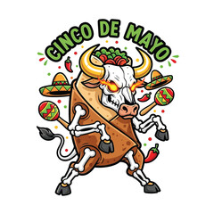 Fototapeta premium Bull skeleton wearing taco shell armor with fiery eyes and sombrero horns for Cinco de Mayo