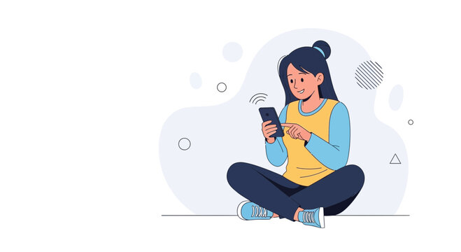Young Woman Sitting Cross-legged Using Smartphone, Feeling Worried