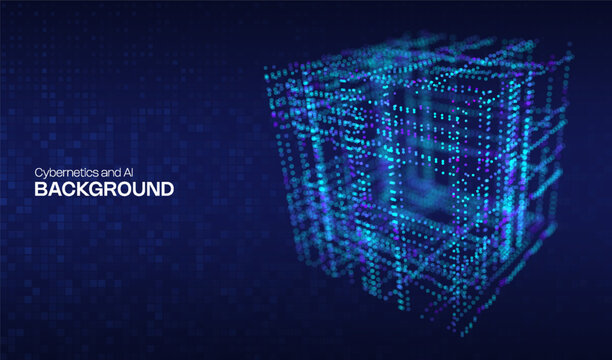 Abstract ai 3D cube digital design background technology and blue geometric element. Design network big data with box science and pattern block cyber. Tech concept abstract with futuristic lines.