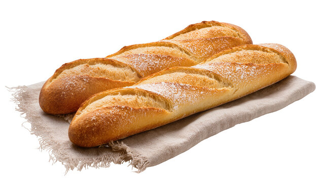 Rustic golden baguettes resting on linen cloth, dusted with flour