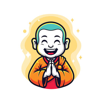 Smiling monk in orange robe with hands pressed together