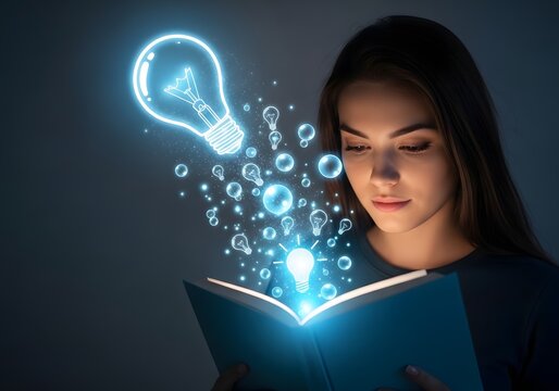 A young woman reading a book with a bright idea and lightbulbs