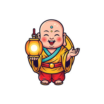 Happy Laughing Buddhist Baby Monk with Lantern