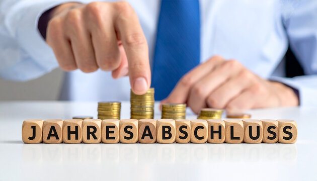 Jahresabschluss - Geschäftsmann zeigt auf das Wort "Jahresabschluss"