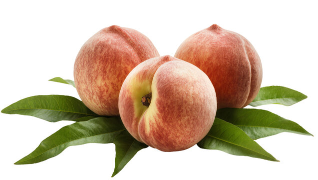Ripe fuzzy peaches surrounded by vibrant green leaves, displaying juicy textures