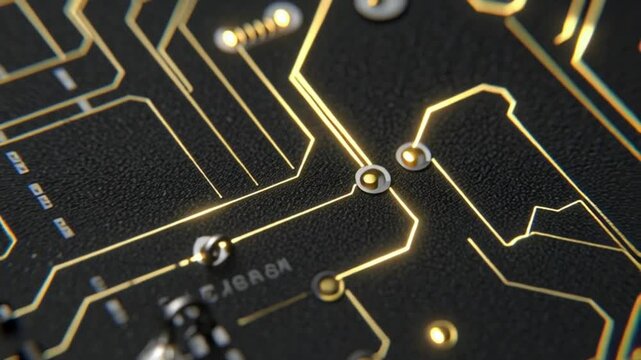 Close-up of a glowing circuit board with intricate gold pathways and components against a dark background representing technology innovation and digital connectivity