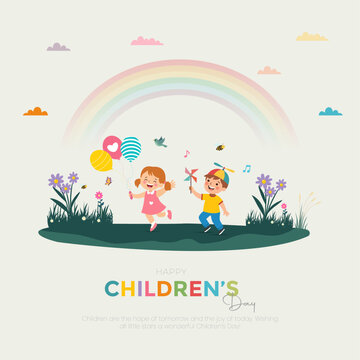 Happy Children&rsquo;s Day Illustration with Kids Playing, Balloons and Rainbow Nature Scene, vector illustration.