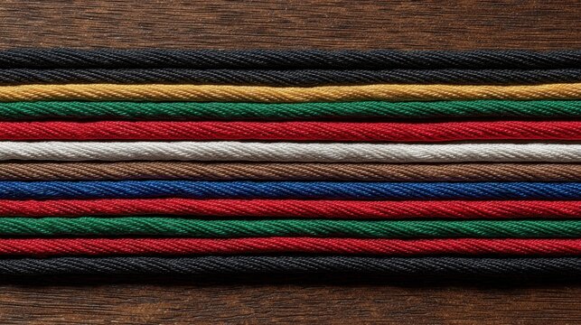 Multiple rows of thick, colorful woven cords are neatly arranged upon a dark wooden surface.