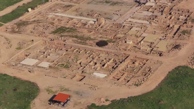 Aerial drone view of Paphos Archaeological Park ancient ruins and excavation site in Paphos, showcasing historical heritage