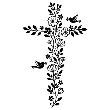 Elegant Floral Cross Silhouette Decorated With Blooming Flowers And Flying Birds, Spiritual Religious Symbol Of Life And Renewal, Delicate Botanical Garden Design For Faith Based Artworks