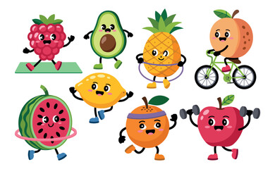 Obraz premium Cute fruit cartoon characters doing activities like cycling exercising and playing healthy lifestyle vector illustration