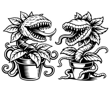 Creepy Carnivorous Venus Flytrap Monster Plants With Sharp Teeth And Long Tongues Growing In Pots, Scary Botanical Character Design Set