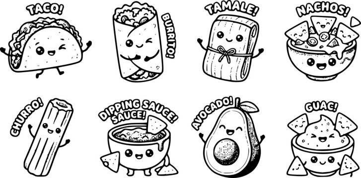 Cute kawaii style smiling taco burrito tamale nachos churro with dipping sauce and avocado vector icons set