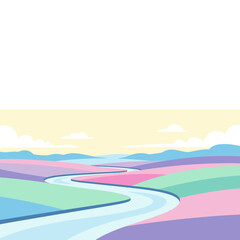 Obraz premium A serene landscape illustration of a winding river flowing through colorful fields and hills.