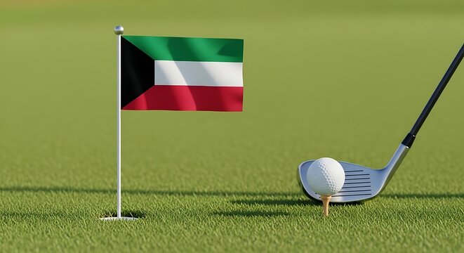 Kuwaiti flag on golf course putting green with club and ball for national tournament or international sports event
