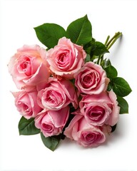 Fototapeta premium Beautiful bouquet of pink roses with green leaves on white