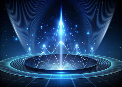 Futuristic blue hologram with algorithm optimization, rhythmic data waves, glowing light, and cosmic background, evoking innovation and advanced technology concepts