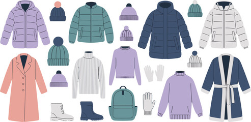 Flat vector winter clothing collection featuring puffer jackets wool beanies sweaters boots and gloves for cold weather fashion and outdoor seasonal apparel design, © MdLabib