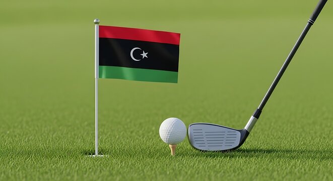 Golf ball on tee with iron club and national flag of Libya displayed on green course for international sport event