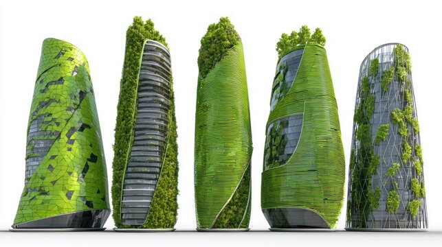 Five distinct futuristic skyscraper designs incorporate extensive vertical green elements for sustainability