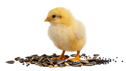 Fluffy yellow chick standing atop a pile of sunflower seeds, black seeds © Ines
